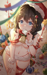 Rule 34 | 1girl, bauble, bell, blue eyes, blurry, blush, bow, bowtie, box, braid, breasts, brown hair, christmas ornaments, condom, condom in mouth, condom wrapper, depth of field, fur panties, gift, gift box, hair over shoulder, hat, highres, holding, holding condom, kantai collection, long hair, looking at viewer, mouth hold, navel, red bow, red bowtie, red hat, santa hat, scarlet dango, scrunchie, shigure (kancolle), single braid, small breasts, solo, star (symbol), stomach, thigh gap, thigh strap, wavy hair, wrist scrunchie