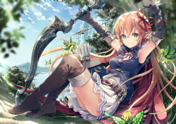 Rule 34 | 1girl, arisa (shadowverse), armpits, arms up, arrow (projectile), belt, belt buckle, blonde hair, blue shirt, blue sky, blurry, blurry foreground, blush, boots, bow (weapon), brown belt, brown footwear, brown gloves, brown thighhighs, buckle, castle, closed mouth, cloud, commentary request, day, depth of field, dress, elbow gloves, elf, gloves, green eyes, hair between eyes, hair ribbon, highres, holding, holding arrow, holding bow (weapon), holding weapon, long hair, mini person, minigirl, outdoors, pointy ears, quiver, red ribbon, ribbon, shadowverse, shirt, sitting, sky, smile, solo, thigh boots, thighhighs, very long hair, weapon, white dress, yoshino ryou