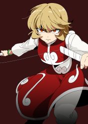 Rule 34 | 1girl, angry, bad id, bad pixiv id, blonde hair, bracelet, breasts, closed mouth, crop top, dual wielding, fighting stance, hair between eyes, holding, hunter x hunter, jewelry, kumo suzume, kurapika&#039;s mother, long sleeves, looking at viewer, medium breasts, outstretched arms, overskirt, pants, red background, red eyes, shaded face, shirt, short hair, solo, white pants, white shirt