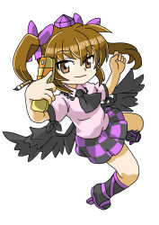 Rule 34 | 1girl, absurdres, ascot, black ascot, black skirt, black wings, bow, brown eyes, brown hair, camera phone, cellphone, checkered clothes, checkered skirt, closed mouth, collared shirt, feathered wings, flip phone, frilled shirt collar, frills, full body, geta, hair bow, happy, hat, highres, himekaidou hatate, kneehighs, kukkii (udondaisuki92), long hair, miniskirt, necktie, phone, puffy short sleeves, puffy sleeves, purple bow, purple footwear, purple hat, purple skirt, shirt, short sleeves, simple background, skirt, smile, socks, solo, tengu-geta, tokin hat, touhou, twintails, white background, wings
