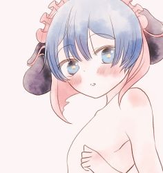 Rule 34 | 1boy, bad id, bad pixiv id, blue eyes, blue hair, blush, bright pupils, from side, grey background, headband, looking at viewer, looking to the side, made in abyss, male focus, maruruk, miya (miyabio), parted lips, pouch, simple background, solo, topless male, trap