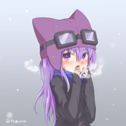 Rule 34 | digimon, goggles, goggles on head, hat, long hair, looking at viewer, purple eyes, purple hair, sayo (digimon), scarf