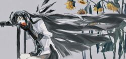Rule 34 | 1girl, absurdly long hair, absurdres, apple, arknights, black gloves, black hair, black skirt, black wings, detached wings, elbow gloves, flower, food, fruit, gloves, grey background, grey eyes, halo, hands up, highres, holding, holding food, jacket, long hair, looking at viewer, pe902, red apple, shirt, short-sleeved jacket, short sleeves, simple background, sitting, skirt, solo, sunflower, very long hair, virtuosa (arknights), white shirt, wilted flower, wings, yellow flower