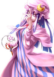 Rule 34 | 1girl, capelet, crescent, dress, earrings, female focus, hat, highres, holding, jewelry, long hair, looking at viewer, nail polish, patchouli knowledge, purple eyes, purple hair, smile, solo, star (symbol), striped clothes, striped dress, touhou, turn-a, vertical stripes, white background
