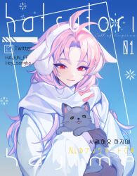 Rule 34 | 1boy, absurdres, androgynous, animal, black cat, black gloves, blue background, cat, character name, closed mouth, gloves, hajun (hey sangha), hatsutori hajime, highres, holding, holding animal, hood, hoodie, long hair, long sleeves, male focus, multicolored background, pink hair, rabbit earmuffs, red eyes, saibou shinkyoku, scarf, smile, solo, twitter username, white background, white hoodie, white scarf