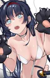 Rule 34 | 1girl, :o, animal ears, animal hands, arknights, bare shoulders, bell, bikini, black choker, black gloves, black hair, blaze (arknights), blue eyes, breasts, cat ears, cat girl, cat paws, cat tail, choker, cleavage, commentary, cowboy shot, gloves, hair between eyes, hairband, hand up, hands up, hjl (15623862639), jingle bell, long hair, looking at viewer, medium breasts, open mouth, red hairband, solo, strap slip, swimsuit, tail, thigh strap, thighs, very long hair, white background, white bikini