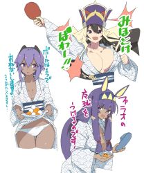 Rule 34 | 3girls, :d, alternate costume, animal ears, arm up, asarokuji, bad id, bad twitter id, ball, black hair, black hairband, blue footwear, blunt bangs, blush, bouncing breasts, bouquet, breasts, cleavage, cowboy shot, cropped legs, dark-skinned female, dark skin, elbow gloves, facial mark, fate/grand order, fate (series), flower, gloves, hair between eyes, hair over breasts, hair over one breast, hairband, hassan of serenity (fate), hat, highres, holding, holding bouquet, japanese clothes, kimono, large breasts, long hair, long sleeves, looking at viewer, medium breasts, multiple girls, nitocris (fate), open mouth, paddle, panties, purple eyes, purple hair, purple hat, rabbit ears, seigaiha, short hair, sidelocks, simple background, skirt basket, slippers, small breasts, smile, standing, striped, table tennis ball, table tennis paddle, thigh gap, translation request, two-tone background, underwear, unworn slippers, v-shaped eyebrows, vertical stripes, very long hair, white background, white kimono, white panties, wide sleeves, xuangzang sanzang (fate), yukata