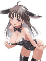 Rule 34 | 1girl, absurdres, ahoge, animal ears, ass, bare shoulders, black choker, black leotard, bow, bowtie, breasts, brown hair, choker, cleavage, commentary, cowboy shot, extra ears, forehead, highleg, highleg leotard, highres, large breasts, leaning forward, legs apart, leotard, leotard pull, long hair, looking at viewer, looking to the side, lower teeth only, medium breasts, o2karesama, open mouth, original, playboy bunny, purple eyes, rabbit ears, shiny clothes, simple background, solo, strapless, strapless leotard, teeth, thighhighs, upper teeth only, white background