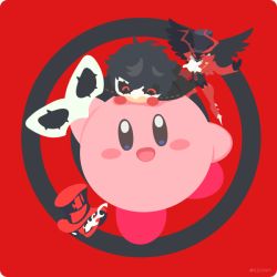Rule 34 | 10s, 2boys, amamiya ren, arsene (persona 5), black hair, black hat, black wings, blush stickers, chibi, closed eyes, commentary request, crossover, hat, holding, holding mask, kirby, kirby (series), long sleeves, looking at viewer, mask, multiple boys, nintendo, on head, open mouth, persona, persona 5, red background, rizu (rizunm), short hair, super smash bros., top hat, wings