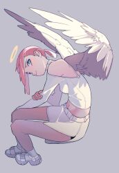 Rule 34 | 1girl, absurdres, angel, angel wings, bare shoulders, blue eyes, breasts, crop top, feathered wings, full body, halo, highres, looking at viewer, navel, original, ozorano megane, pink hair, shoes, short ponytail, sitting, skirt, small breasts, smile, sneakers, solo, white skirt, white wings, wings