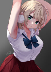 Rule 34 | 1girl, armpits, arms up, artist name, blonde hair, blue bow, blue bowtie, blunt bangs, blush, bow, bowtie, closed mouth, commentary request, dress shirt, festa11307070, gradient background, green eyes, grey background, hair ornament, indie virtual youtuber, looking at viewer, official alternate costume, outstretched arms, paid reward available, pleated skirt, pom pom (clothes), pom pom hair ornament, presenting armpit, red skirt, school uniform, shade, shigure ui (vtuber) (2nd costume), shigure ui (vtuber), shirt, signature, simple background, skirt, smile, solo, upper body, virtual youtuber, white shirt