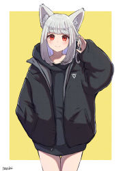 Rule 34 | 1girl, animal ear fluff, animal ears, arm up, artist name, bad id, bad pixiv id, black coat, black hoodie, blush, border, closed mouth, coat, cowboy shot, hand in pocket, highres, hood, hood down, hoodie, long hair, long sleeves, looking at viewer, nayuhi (yukimuu14), open clothes, open coat, original, outside border, puffy long sleeves, puffy sleeves, red eyes, silver hair, simple background, smile, solo, thigh gap, white border, yellow background
