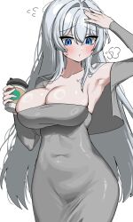 Rule 34 | 1girl, alternate costume, artist request, bare shoulders, blue eyes, breasts, cup, dongtan dress, grey hair, highres, holding, holding cup, large breasts, long hair, meme attire, novelpia, simple background, solo, white background