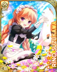 Rule 34 | 1girl, :d, ahoge, animal, apron, black dress, blue bow, bow, braid, brown hair, card (medium), cat, cat smile, character name, day, dress, field, flower, flower field, girlfriend (kari), holding, holding animal, looking at animal, maid, maid headdress, mansion, official art, open mouth, outdoors, purple eyes, qp:flapper, shoes, sitting, sky, smile, solo, suzukawa rino, twin braids, white apron, white headdress