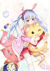 Rule 34 | 1girl, ;d, alarm clock, animal ears, azur lane, bell, blue sky, blush, bottle, brown eyes, bubble, clock, commentary request, covered mouth, hair between eyes, hairband, hanagin, jacket, jingle bell, laffey (azur lane), long hair, long sleeves, looking at viewer, hugging object, one eye closed, open clothes, open jacket, open mouth, pillow, pink footwear, pink jacket, pleated skirt, rabbit ears, red hairband, red skirt, roman numeral, silver hair, sitting, skirt, sky, slippers, unworn slippers, smile, solo, stuffed animal, stuffed cat, stuffed toy, thighhighs, twintails, very long hair, white thighhighs, window