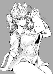 Rule 34 | 1girl, animal ear fluff, animal ears, arm support, bracelet, breasts, cat, cat ears, cat girl, cat tail, choppy bangs, collared shirt, commentary request, endou okito, greyscale, hair between eyes, highres, invisible chair, jewelry, large breasts, long sleeves, monochrome, no pants, open clothes, open shirt, original, shirt, short hair, sitting, skirt rolled up, tail, twintails