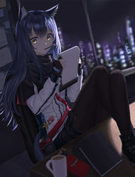 Rule 34 | 1girl, absurdres, animal ears, arknights, black gloves, black pantyhose, black scarf, blurry, blurry background, blurry foreground, book, building, chair, closed mouth, coffee, cup, fingerless gloves, full body, gloves, green eyes, hands up, highres, holding, holding paper, long hair, long sleeves, messy hair, mug, pantyhose, paper, purple hair, scarf, shoes, sidelocks, sitting, sneakers, solo, table, tail, tallon, texas (arknights), window, wolf ears, wolf tail, wrist cuffs