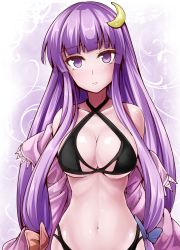 Rule 34 | 1girl, bare shoulders, bikini, black bikini, blush, bow, breasts, cleavage, crescent, crescent hair ornament, criss-cross halter, female focus, hair bow, hair ornament, halterneck, highres, large breasts, long hair, looking at viewer, navel, patchouli knowledge, purple eyes, purple hair, shiny skin, solo, swimsuit, touhou, very long hair, y2