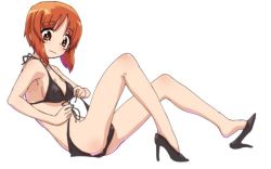 Rule 34 | 10s, 1girl, bikini, black bikini, black footwear, breasts, brown eyes, brown hair, closed mouth, commentary request, eyes visible through hair, feet, from side, frown, full body, girls und panzer, high heels, looking at viewer, medium breasts, monolith (suibou souko), nishizumi miho, shoe dangle, short hair, side-tie bikini bottom, simple background, sitting, solo, swimsuit, untied bikini, white background
