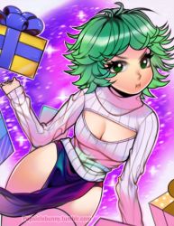 Rule 34 | 1girl, alternate breast size, breasts, cleavage, cleavage cutout, clothing cutout, curly hair, green eyes, green hair, highres, looking at viewer, matching hair/eyes, meme attire, motion blur, narrow waist, one-punch man, open-chest sweater, popsiclebunny, pout, ribbed sweater, short hair, solo, sweater, tatsumaki, thighhighs, turtleneck, watermark, web address, white thighhighs