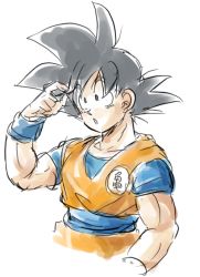 Rule 34 | 1boy, :o, black eyes, black hair, dougi, dragon ball, dragonball z, hand in own hair, male focus, open mouth, short hair, simple background, solo, solo focus, son goku, spiked hair, tkgsize, white background, wristband