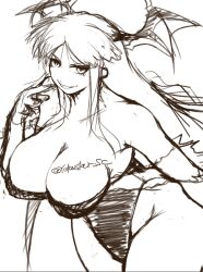 Rule 34 | 1girl, breasts, capcom, cleavage, demon girl, large breasts, leotard, long hair, looking at viewer, monochrome, morrigan aensland, naughty face, smile, solo, vampire (game)