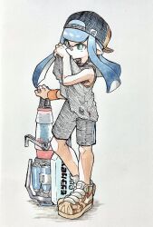 Rule 34 | 1girl, aqua eyes, backwards hat, bandaid, bandaid on face, bandaid on nose, baseball cap, blue hair, commentary request, full body, gun, hat, heavy edit splatling (splatoon), highres, inkling, inkling girl, inkling player character, long hair, minamo (trr), nintendo, pointy ears, shoes, shorts, simple background, solo, splatoon (series), splatoon 3, standing, tentacle hair, traditional media, weapon, white background