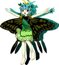 Rule 34 | 1girl, antennae, arms up, barefoot, blue hair, butterfly wings, dress, eternity larva, green dress, hidden star in four seasons, insect wings, leaf, leaf on head, lowres, official art, shoes, solo, touhou, transparent background, wings, zun (artist)