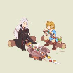Rule 34 | 2boys, armor, blonde hair, boots, closed eyes, cooking, crossed arms, crossover, eating, final fantasy, final fantasy vii, fire, food, full body, gameplay mechanics, gloves, highres, link, long hair, male focus, masamune (ff7), multiple boys, nintendo, pointy ears, ponytail, reddachi, sephiroth, simple background, super smash bros., sword, the legend of zelda, the legend of zelda: breath of the wild, weapon
