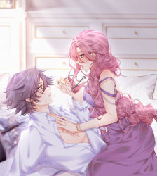 Rule 34 | 1boy, 1girl, absurdres, alternate costume, bed, black hair, bracelet, braid, breasts, collarbone, drawer, dress, eiyuu densetsu, emma millstein, eyebrows, eyelashes, falcom, glasses, glasses removed, hajimari no kiseki, hand on another&#039;s chest, highres, indoors, jewelry, lipstick, long hair, looking at another, lying, makeup, open mouth, parted lips, pillow, profile, purple dress, purple eyes, purple hair, rean schwarzer, scar, scar on chest, sen no kiseki, shirt, short hair, sitting, sitting on person, spiked hair, unbuttoned, unbuttoned shirt, white shirt