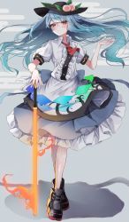 Rule 34 | 1girl, :/, absurdres, ascot, black hat, blue hair, blue skirt, blush, boots, center frills, closed mouth, eyebrows hidden by hair, flaming sword, flaming weapon, floating hair, frills, full body, grey background, hand up, hat, highres, hinanawi tenshi, long hair, looking at viewer, peach hat ornament, petticoat, puffy short sleeves, puffy sleeves, red ascot, red eyes, shirt, short sleeves, simple background, skirt, solo, standing, sword of hisou, touhou, tsune (tune), very long hair, white shirt, wing collar