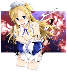 Rule 34 | 1girl, blonde hair, blue eyes, blue shirt, boku (akamedou), breasts, covering privates, covering breasts, double bun, fletcher (kancolle), gloves, hair bun, hairband, kantai collection, large breasts, long hair, neckerchief, off shoulder, pleated skirt, sailor collar, school uniform, serafuku, shirt, skirt, solo, torn clothes, torn shirt, torn skirt, white gloves, white sailor collar, white skirt, yellow neckerchief