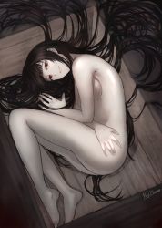 Rule 34 | 1girl, artist name, ayako (manga), barefoot, black hair, blunt bangs, breasts, colored skin, fetal position, highres, in container, long hair, looking at viewer, lying, misono reiji, nude, on side, pale skin, red eyes, signature, smile, solo, tenge ayako, very long hair, white skin