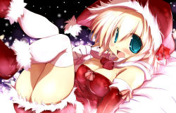 Rule 34 | 1girl, :d, aqua eyes, blonde hair, blush, bow, breasts, cleavage, detached sleeves, gloves, hat, looking at viewer, open mouth, original, sakaki (noi-gren), santa costume, santa hat, smile, solo, thighhighs, white thighhighs