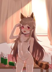 Rule 34 | 1girl, :d, :p, animal ears, arm behind back, arm up, bad id, bad pixiv id, bare arms, bare shoulders, bed, blurry, blurry background, blush, brown hair, cameltoe, can, casual one-piece swimsuit, collarbone, condom, curtains, day, depth of field, fang, fingernails, groin, highleg, highleg swimsuit, highres, holding, holding condom, indoors, kuki panda (wkdwnsgk13), long hair, looking at viewer, nose blush, one-piece swimsuit, open mouth, pussy juice, red eyes, sidelocks, smile, solo, soulworker, stella unibell, striped tail, sunlight, swimsuit, table, tail, thighhighs, tongue, tongue out, used condom, very long hair, white one-piece swimsuit, white thighhighs, window