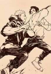 Rule 34 | 2boys, fighting, highres, holding, holding knife, holding sword, holding weapon, itadori yuuji, jujutsu kaisen, katana, knife, monochrome, multiple boys, okkotsu yuuta, suimame, sword, weapon