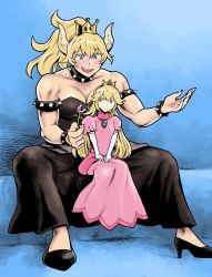 Rule 34 | 2girls, armlet, black dress, black footwear, blonde hair, blue eyes, blush, bowsette, bracelet, breasts, cleavage, collar, crown, dress, elbow gloves, gloves, high heels, highres, horns, jewelry, long hair, looking at another, looking to the side, mario (series), multiple girls, muscular, muscular female, new super mario bros. u deluxe, nintendo, pink dress, piranha plant, ponytail, princess peach, sharp teeth, sitting, sitting on lap, sitting on person, size difference, spiked armlet, spiked bracelet, spiked collar, spikes, strapless, strapless dress, sweatdrop, teeth, tsunamino yuu, white gloves, yuri