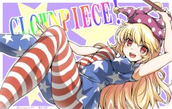 Rule 34 | 1girl, american flag dress, american flag legwear, armpits, blonde hair, blush, breasts, character name, clownpiece, covered erect nipples, dress, hat, jester cap, long hair, looking at viewer, md5 mismatch, medium breasts, neck ruff, okutama tarou, pantyhose, polka dot, red eyes, short dress, short sleeves, smile, solo, star (symbol), star print, striped clothes, striped pantyhose, torch, touhou