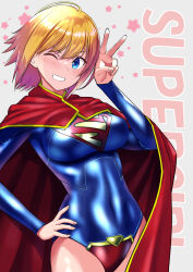 Rule 34 | 1girl, ahoge, animification, blonde hair, blue eyes, blush, breasts, cape, cowboy shot, dc comics, duplicate, english text, grin, hand on own hip, highres, large breasts, leotard, looking at viewer, navel, one eye closed, pixel-perfect duplicate, red cape, short hair, smile, solo, star (symbol), supergirl, superman (series), teeth, v, wakana hanabi