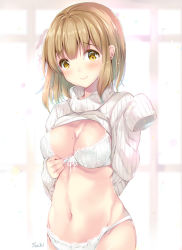 Rule 34 | 1girl, artist name, backlighting, bad id, bad pixiv id, blush, bra, bra pull, breasts, brown hair, cleavage, closed mouth, clothes pull, hair ribbon, hands in opposite sleeves, lace, lace-trimmed bra, lace trim, long sleeves, looking at viewer, medium breasts, mole, mole on breast, navel, original, panties, pulling own clothes, raised eyebrows, ribbon, short hair, sleeves past wrists, smile, solo, suihi, sweater, sweater vest, turtleneck, turtleneck sweater, underwear, white bra, white panties, white ribbon, white sweater, yellow eyes
