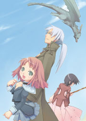 Rule 34 | 1boy, 2girls, black hair, blazer, blue skirt, blue sky, breasts, brown hair, cleavage, cloud, creature, day, dragon, dress, dutch angle, flying, from behind, from side, frown, green eyes, holding, holding weapon, jacket, kiritomo koroha, looking at viewer, looking to the side, monster, multiple girls, open mouth, original, pink skirt, pleated skirt, polearm, ponytail, red hair, short hair, skirt, sky, smile, staff, weapon, white hair
