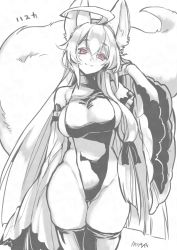 Rule 34 | 1girl, ahoge, animal ears, bare shoulders, blush, breasts, cleavage, commentary request, cowboy shot, detached sleeves, eyes visible through hair, fox ears, fox girl, fox tail, greyscale, highres, huge ahoge, husca (tk), large breasts, long hair, looking at viewer, monochrome, narrow waist, original, red eyes, sideboob, simple background, smile, solo, tail, takatsuki ichi, thighhighs, watermark, white background