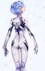 Rule 34 | 1girl, ass, ayanami rei, blue hair, bodysuit, closed mouth, commentary request, from behind, gloves, hair ornament, highres, interface headset, long sleeves, looking at viewer, looking back, neon genesis evangelion, plugsuit, red eyes, shiny clothes, short hair, simple background, skin tight, solo, tarutaru yamaoka, turtleneck, white bodysuit