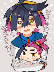 Rule 34 | 2boys, black hair, blue shirt, blush, chibi, chibi inset, collared shirt, colored inner hair, commentary request, creatures (company), crossed bangs, frown, game freak, gloves, hair between eyes, hair tie, hair tied, hair tied up, hayashi (pixiv), headband, highres, holding, holding chibi, jacket, kieran (pokemon), looking at viewer, loose hair strand, male focus, mole, mole on neck, multicolored hair, multiple boys, multiple persona, necktie, nintendo, pokemon, pokemon sv, ponytail, purple hair, red gloves, red necktie, shirt, short hair, smile, sweat, two-tone hair, upper body, white jacket, yellow eyes, yellow headband