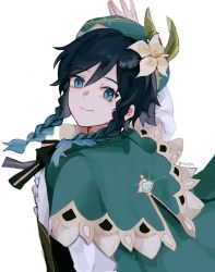Rule 34 | 1boy, black hair, black ribbon, blue eyes, blue hair, braid, cape, capelet, closed mouth, commentary, flower, genshin impact, gradient hair, green cape, green capelet, green headwear, hair flower, hair ornament, hand up, highres, looking at viewer, male focus, multicolored hair, neck ribbon, ribbon, rippajun, simple background, smile, trap, twin braids, twitter username, upper body, venti (genshin impact), white background, white flower