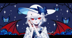Rule 34 | 1girl, :o, black choker, blue bow, bow, bug, butterfly, choker, commentary request, demon wings, dress, eyeball, fangs, hair between eyes, hands up, hat, hat bow, highres, horns, insect, letterboxed, looking at viewer, open mouth, original, outside border, red eyes, sailor collar, sheya, short hair, solo, sparkle, straight-on, upper body, white dress, white hair, white hat, white sailor collar, wings