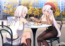 Rule 34 | 2girls, :d, aran sweater, arm rest, autumn, azur lane, bare shoulders, belfast (azur lane), belfast (shopping with the head maid) (azur lane), beret, black legwear, black skirt, blush, boots, breasts, brown footwear, brown sleeves, brown sweater, building, cable knit, cameo, casual, chair, chinese commentary, choker, cleavage, closed eyes, collarbone, commentary, covered erect nipples, crossed legs, day, detached sleeves, earrings, english commentary, food, fork, fruit, grey sleeves, grey sweater, hair between eyes, hand on own cheek, hand on own face, hat, holding, holding fork, hoop earrings, jewelry, knee boots, large breasts, long hair, looking at another, low twintails, meme attire, mixed-language commentary, multiple girls, off-shoulder sweater, off shoulder, open mouth, pantyhose, pencil skirt, photo background, plaid, plaid skirt, ppshex, purple skirt, red headwear, shirt, short hair, short twintails, sidelocks, signature, sirius (azur lane), sitting, skirt, sleeveless, sleeveless shirt, smile, strawberry, sweater, table, teeth, twintails, upper teeth only, virgin killer sweater, whipped cream, white hair, white shirt