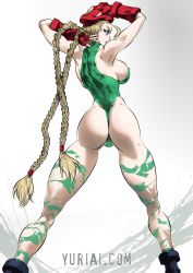 Rule 34 | 1girl, ass, bare shoulders, blonde hair, blue eyes, boots, breasts, cammy white, fingerless gloves, from behind, gloves, hat, highres, huge breasts, leotard, long hair, sideboob, sleeveless, street fighter, thong, thong leotard, very long hair, yuri ai