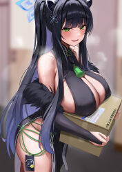 Rule 34 | 1girl, absurdres, animal ears, bare shoulders, black dress, black hair, blue archive, blue halo, blurry, blurry background, blush, box, breasts, bridal gauntlets, cleavage, commentary, covered erect nipples, dress, green eyes, halo, highres, holding, holding box, large breasts, long hair, onedoo, parted lips, ponytail, shun (blue archive), sideboob, smile, solo, symbol-only commentary