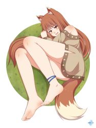 Rule 34 | 1girl, animal ears, anklet, barefoot, blush, brown hair, feet, fox ears, fox girl, fox tail, highres, holo, jewelry, long hair, lululewd, lying, red eyes, soles, solo, spice and wolf, tail, toes